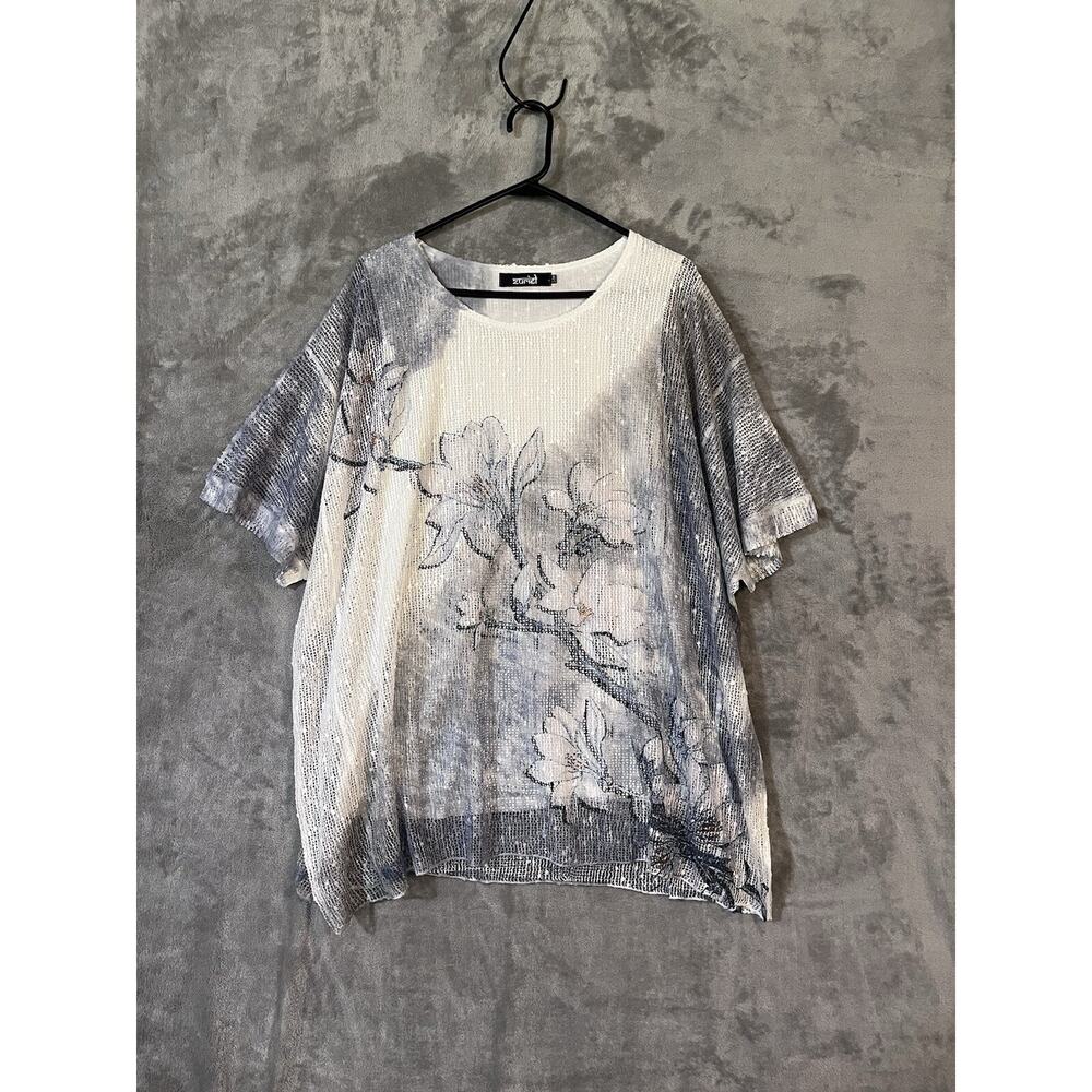 Zuriet Artsy Mesh Tunic Blouse Gray Blue White Womens S/M Attached Tank Cute